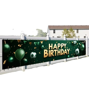 Soccer theme happy birthday banner in green and gold for outdoor party decorations