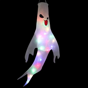 Detail von Halloween Geist Windsack Dekoration mit bunten leuchtenden LED-Lichtern