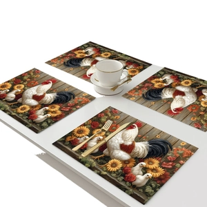 Set of 4 pastoral farm style table mats with rooster, sunflower and rose floral patterns
