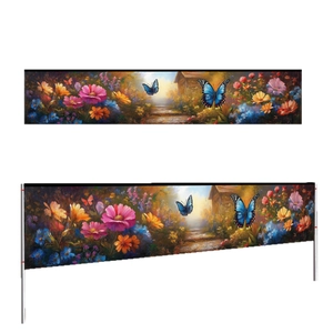 Outdoor garden floral banner with blue butterflies and oil painting style floral art
