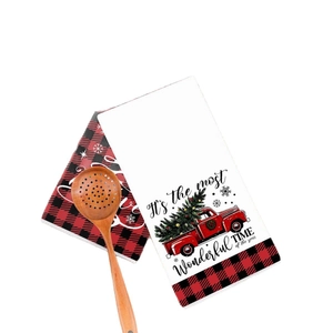 Christmas hand towel set with red buffalo plaid and vintage truck design for kitchen decor