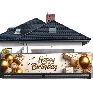 Golden and white birthday banner decoration featuring 3D balloons and gift box elements