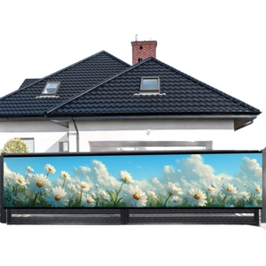 Outdoor garden banner with daisy field and blue sky design for fence decoration