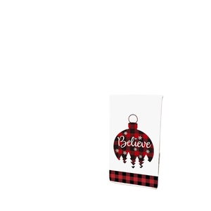Christmas hand towel with red buffalo plaid bauble and Believe text for festive kitchen decor