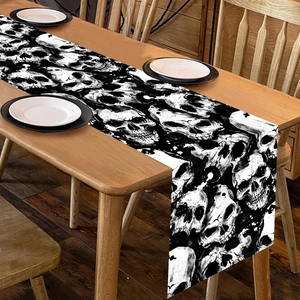 Gothic black and grey skull pattern table runner for Halloween party dining decoration