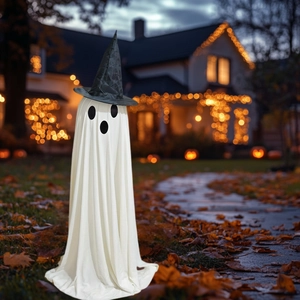 Ghost hanging decoration with wizard hat and glowing eyes in a festive yard