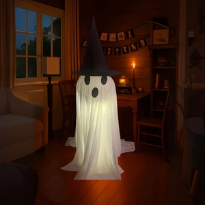 Detail of a standing Halloween ghost with internal light and black wizard hat decor
