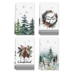 Set of 4 Christmas kitchen towels featuring winter reindeer and pinecone wreath patterns