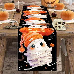 Halloween Table Runner Cute Cartoon Ghost Pumpkin Mummy Print Polyester Fabric Table Decor For Party Home Dining Room Black
