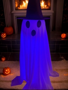 Detail of a glowing Halloween ghost with purple LED lights and black wizard hat decor
