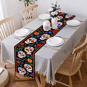 Halloween Table Runner Day Of The Dead Sugar Skull Floral Pattern Polyester Table Cloth For Party Kitchen Dining Room Decor