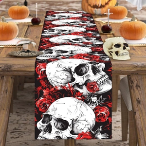 Gothic Halloween Table Runner Polyester Black White Skull Red Rose Pattern Dining Table Decor For Party Holiday Home