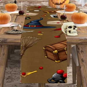 Brown Halloween wizard hat table runner with magic cats for spooky holiday dining decor