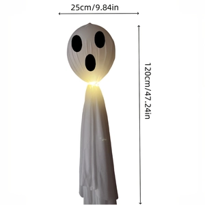 Detail view of a 120cm lighted Halloween ghost hanging decoration with size dimensions
