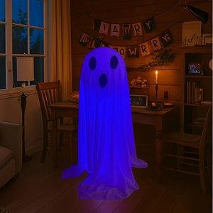 Glow-in-the-dark Halloween standing ghost ornament with bright blue LED light for home decor