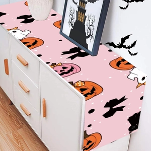 Pink Halloween Table Runner Polyester Pumpkin Ghost Bat Printed Party Dining Table Decoration Cute Festive Home Decor