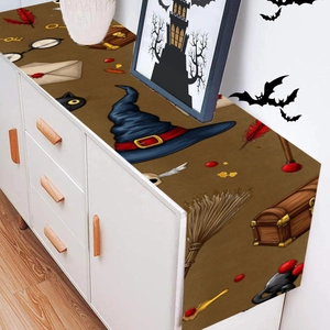 Brown Halloween wizard hat and magic elements table runner for party dining decor