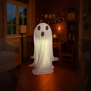 Close-up of glowing Halloween standing ghost with integrated LED light in cozy room decor