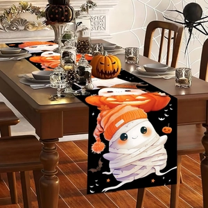 Halloween table runner with cute ghost and pumpkin motifs for holiday party decoration