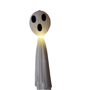 Hanging Halloween ghost decoration with warm LED lights and white flowing fabric for party