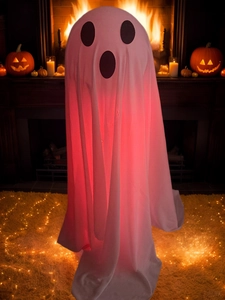 Close-up of glowing white Halloween ghost with red LED lights and indoor spooky background