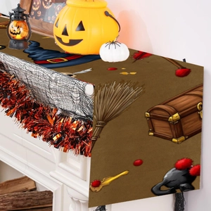 Brown Halloween table runner with witch hat and cat motifs for party dining decor