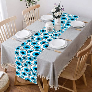 Detail of blue Nazar Evil Eye table runner showing repeating geometric print and fabric texture