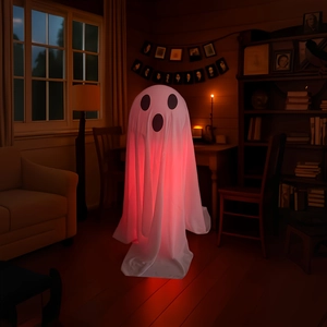 Detail showing glowing red light effect through white fabric of a standing ghost decoration