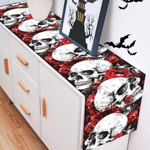 Halloween table runner with skull and red rose prints for Gothic dining room decoration