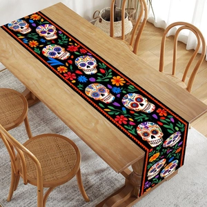 Halloween table runner with sugar skull floral design for festive party home decoration