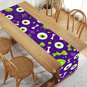 Halloween purple table runner with cartoon eyes and bone patterns for party decoration