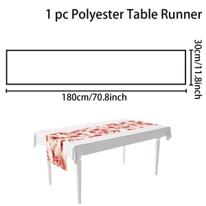 Detail view of Halloween table runner with red bloody handprints and splatters 180x30cm