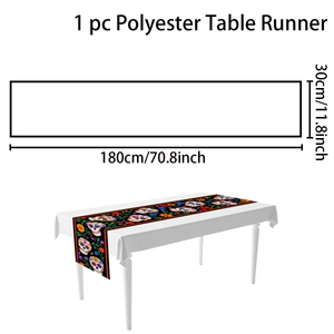 Detailed pattern of Halloween table runner with colorful skull and floral motifs