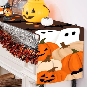 Halloween table runner featuring cute pumpkins, ghosts, and bats for festive party decor