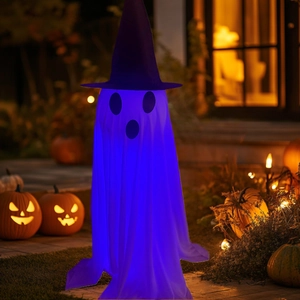 Hanging glowing ghost with witch hat and LED lights for Halloween garden lawn decor