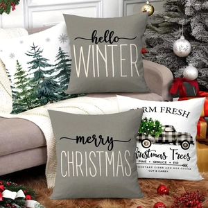 Set of 4 Christmas pillow covers with winter forest and vintage truck holiday designs