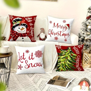 Lot de 4 housses de coussin de Noël en lin avec motifs bonhomme de neige et sapin