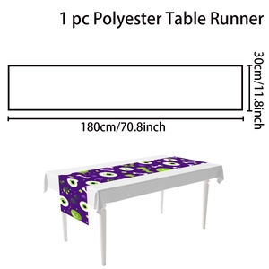 Macro detail of purple Halloween table runner with eye and bone patterns on polyester fabric