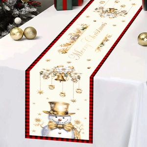 Christmas snowman table runner with red buffalo plaid border and golden bells decor
