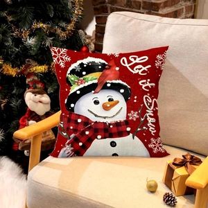Housse de coussin de Noël en lin rouge avec bonhomme de neige et texte Let it Snow