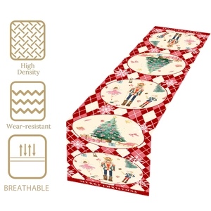 Nutcracker Christmas table runner with red checkered pattern and holiday decorations