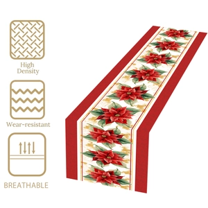 Chemin de table de Noël avec motifs floraux de poinsettia rouge en tissu polyester dense