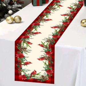 Christmas table runner with poinsettia and cardinal bird print, 180x35cm festive decor