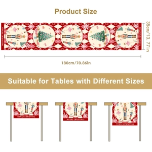 Nutcracker Christmas table runner with red argyle pattern and festive holiday motifs