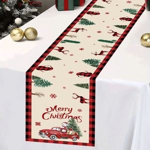 Christmas snowman and red plaid table runner with vintage truck for holiday dining decor