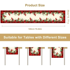 Christmas table runner with red bird floral print and red black plaid border 180x35cm