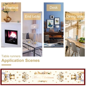 Multiple scenes showing the Christmas table runner on a fireplace, side table, and desk