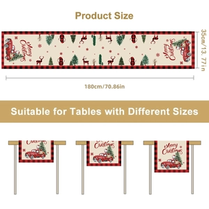 Christmas snowman table runner with red truck design and buffalo plaid borders, 180x35cm