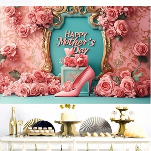 Pink Mother's Day backdrop banner featuring elegant high heels and romantic floral roses