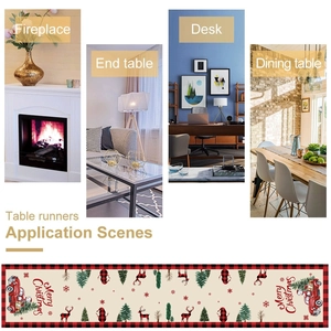 Christmas snowman table runner with red truck and buffalo plaid for holiday dining decor